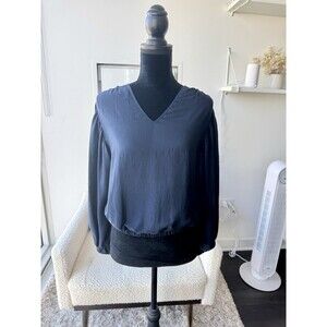 Express Navy Blue V-Neck 3/4 Sleeve Elastic Waist Blouse Size Large